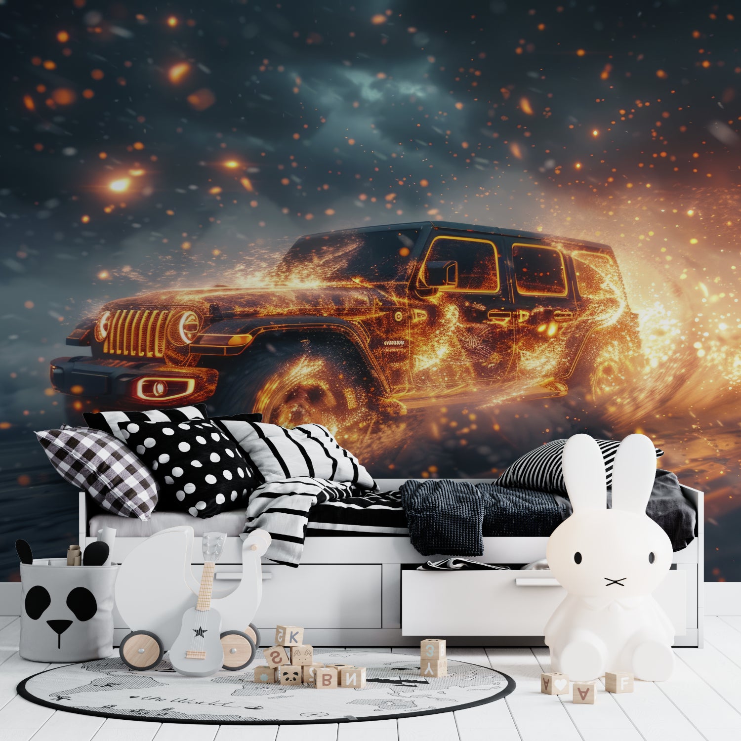 SUV wall mural installation in home office showing dramatic lighting effects