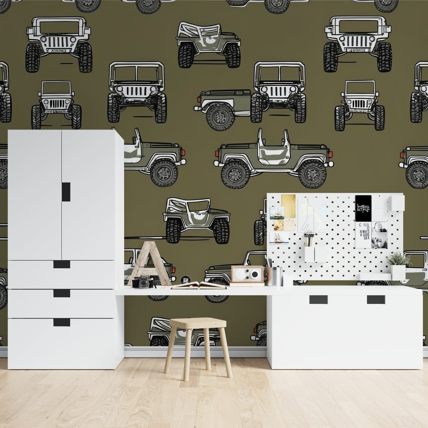 Off-road vehicle wallpaper in home office showing pattern detail