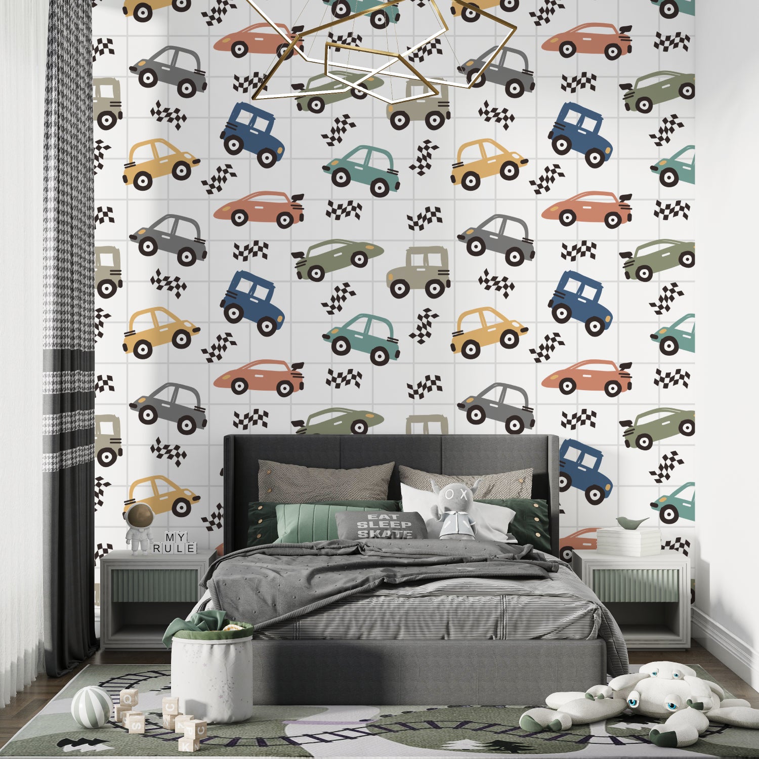 Racing car wallpaper bringing life to a modern kids bedroom with soft natural lighting