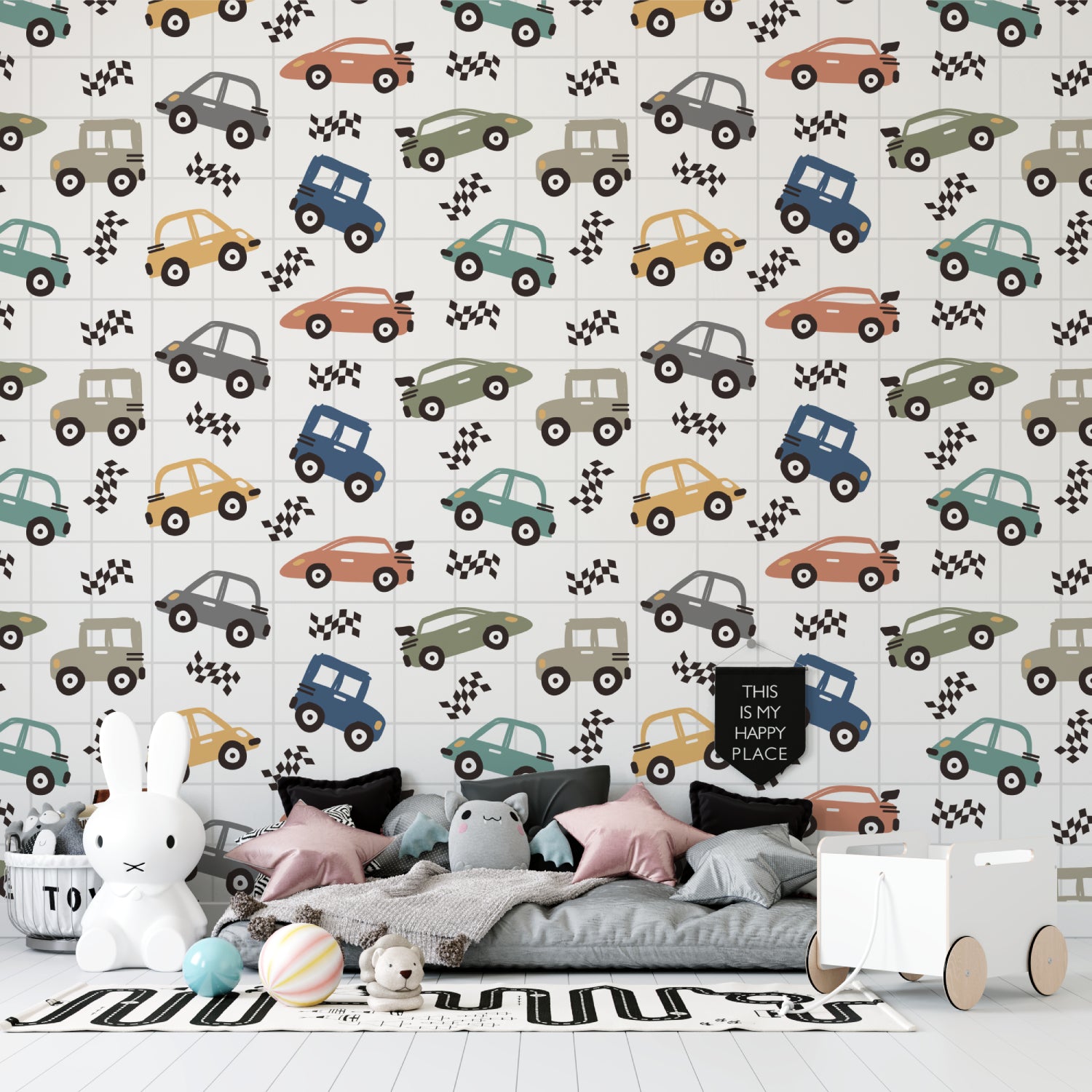 Vintage car mural design showcased in a cozy playroom setting