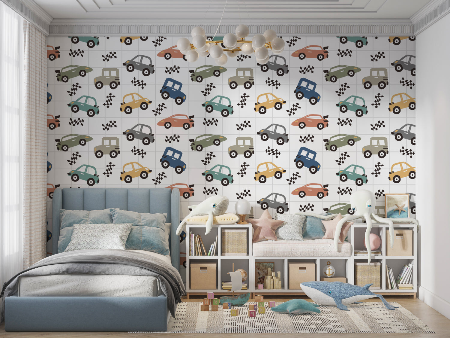 Racing theme wallpaper displayed in a bright nursery with minimal furniture