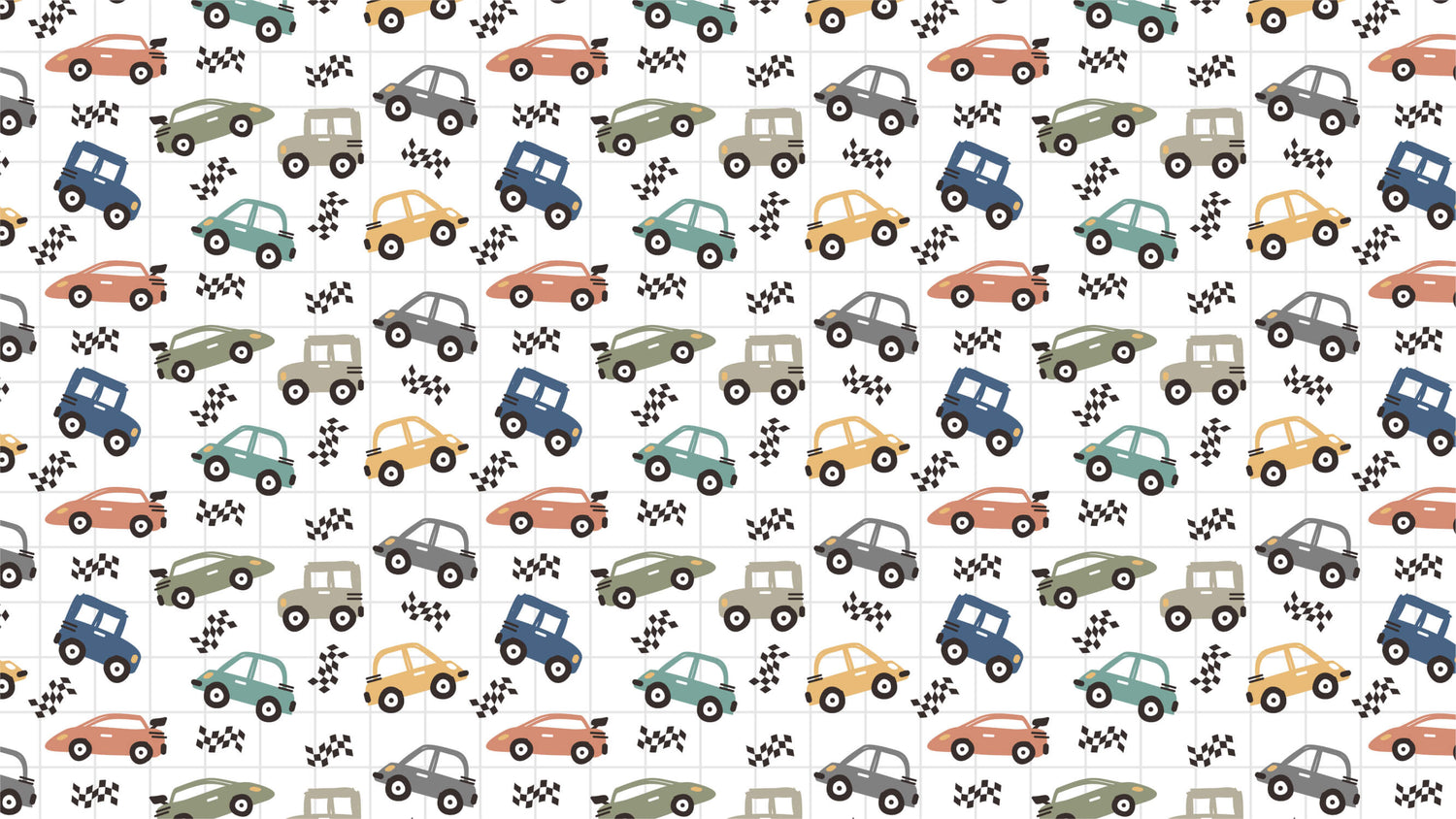 Racing car wallpaper design file showing detailed pattern with checkered flags and vintage vehicles