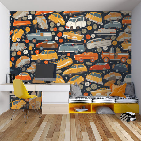 Vintage car wallpaper bringing warmth to a modern kids bedroom, orange and yellow classic automobiles on navy