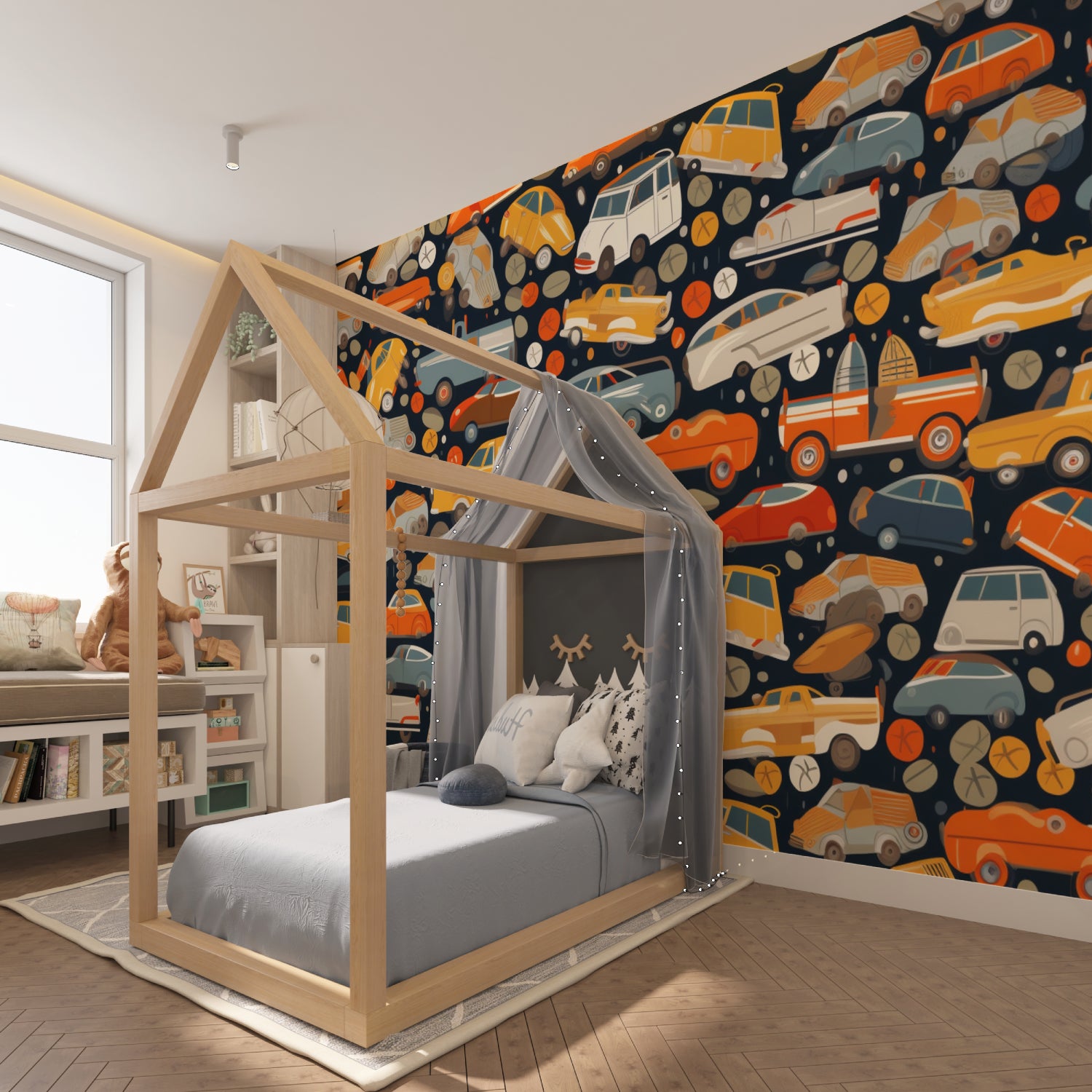 Retro car mural wallpaper displayed in a playful home office setting with natural lighting