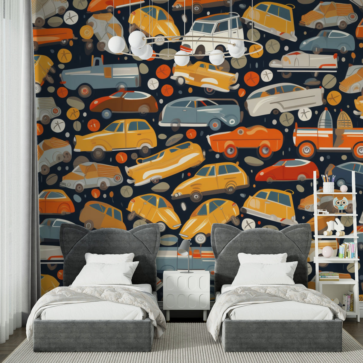 Classic automobile wallpaper creating a fun atmosphere in a teen's gaming room