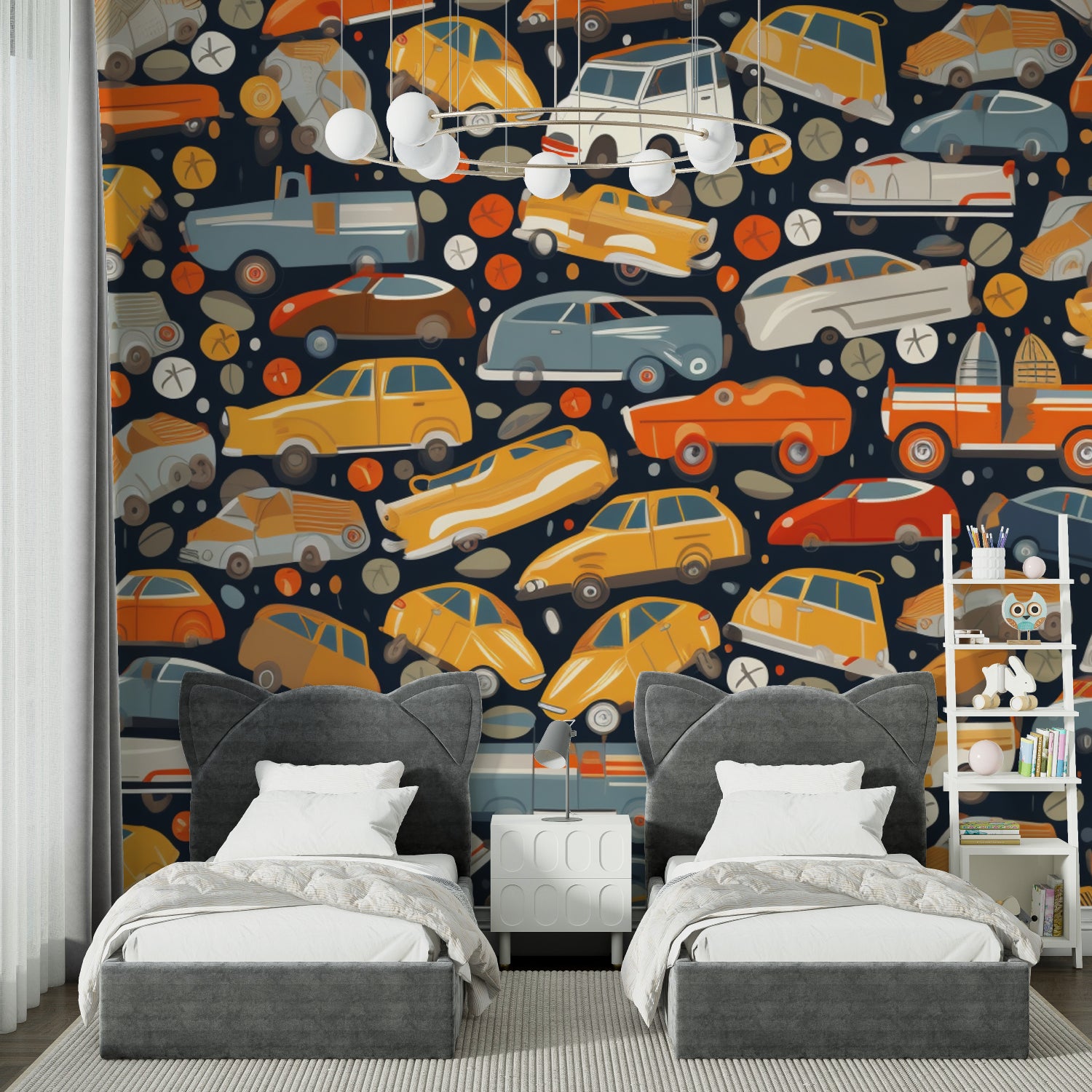 Classic automobile wallpaper creating a fun atmosphere in a teen's gaming room