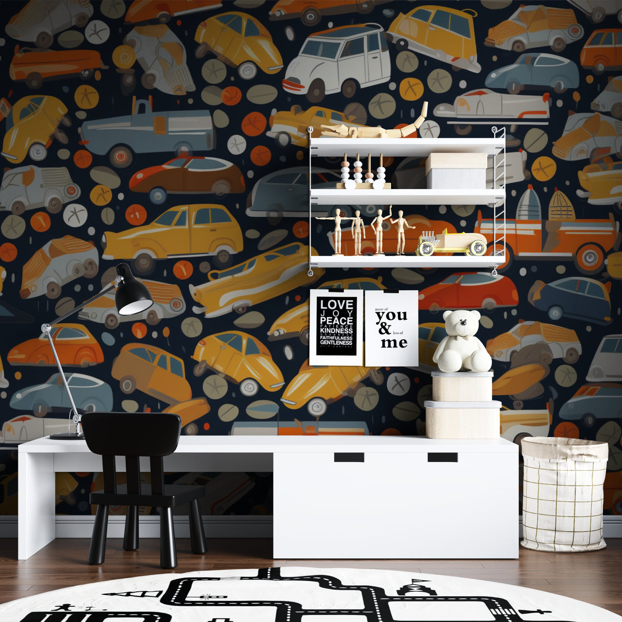 Vintage car pattern wallpaper enhancing a modern nursery with warm orange tones