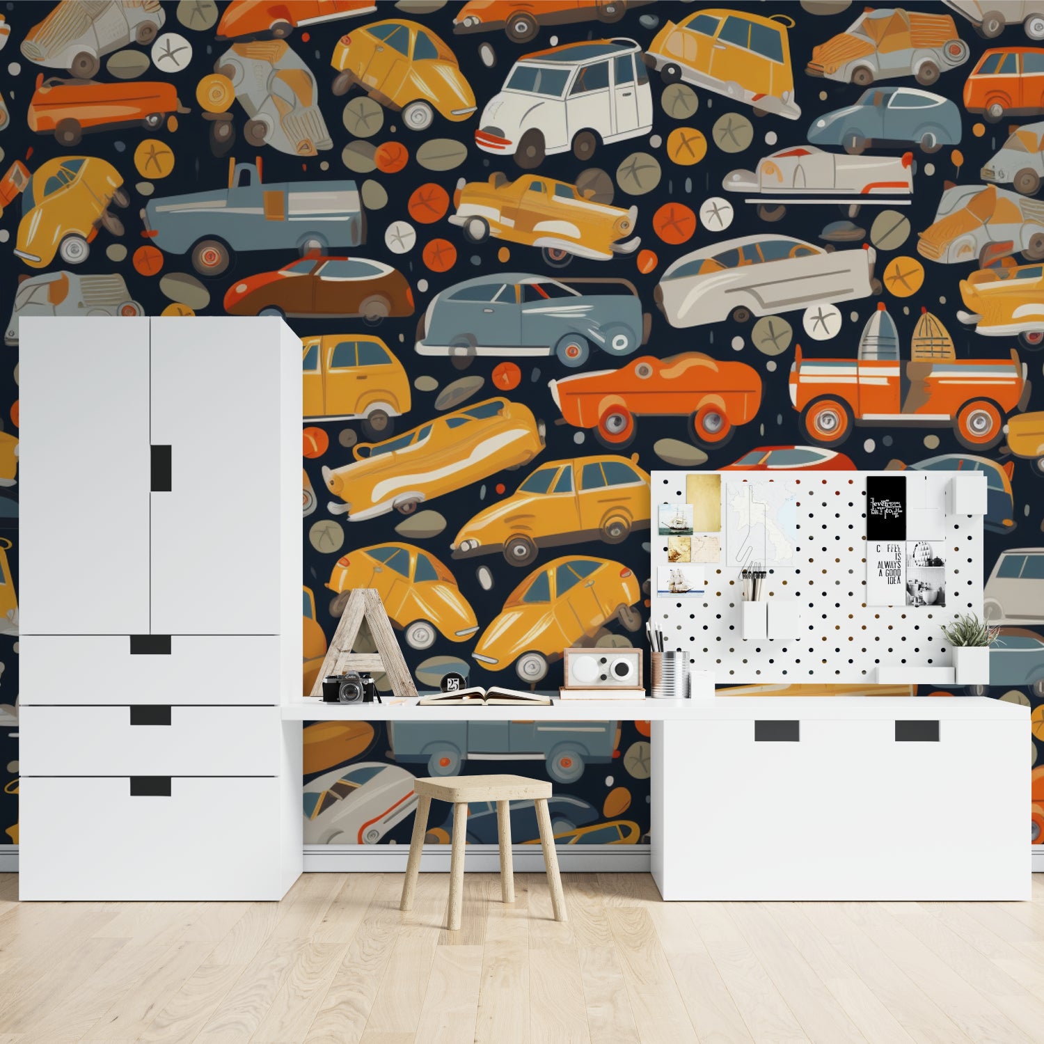 Retro automobile mural adding character to a child's reading nook