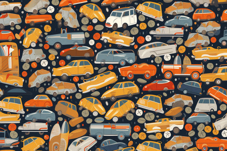 Design file showing detailed vintage car pattern with orange and yellow automobiles on navy background