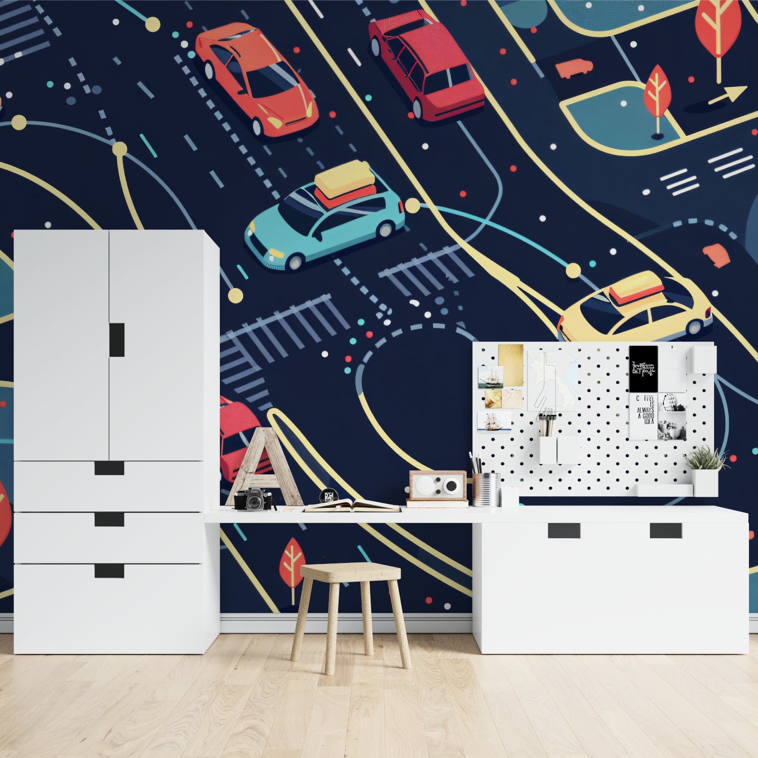 Night city racing mural creating a dynamic atmosphere in a gaming room setup