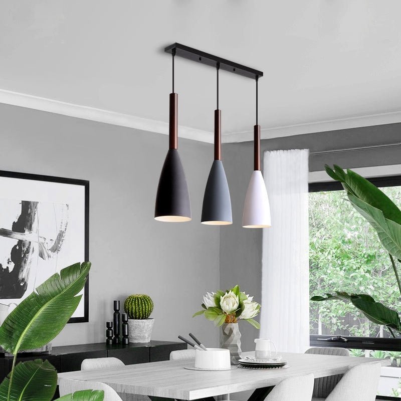 Modern Linear Pendant Light Black Metal with Wood Accent - Detailed view