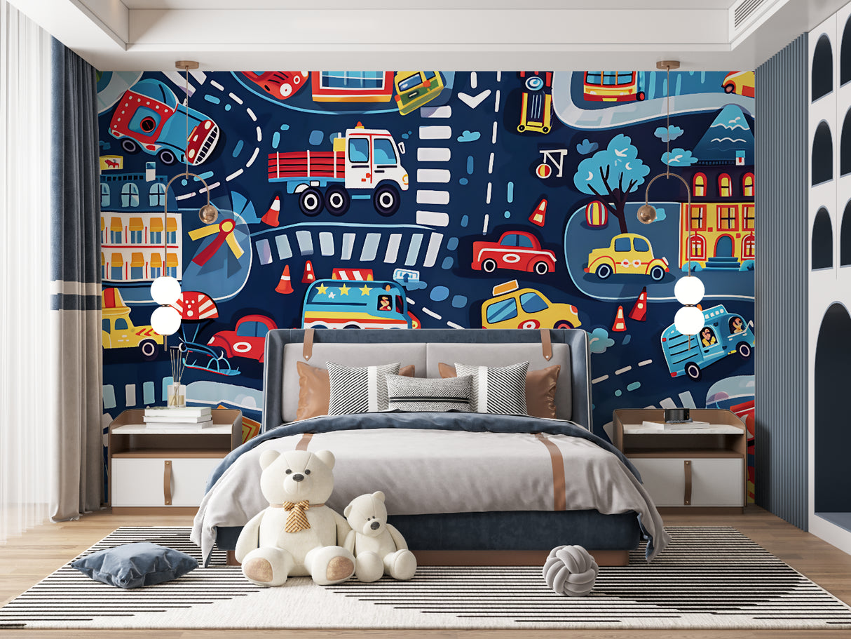 Vehicle themed wallpaper installed in a bright playroom showing scale and vibrancy