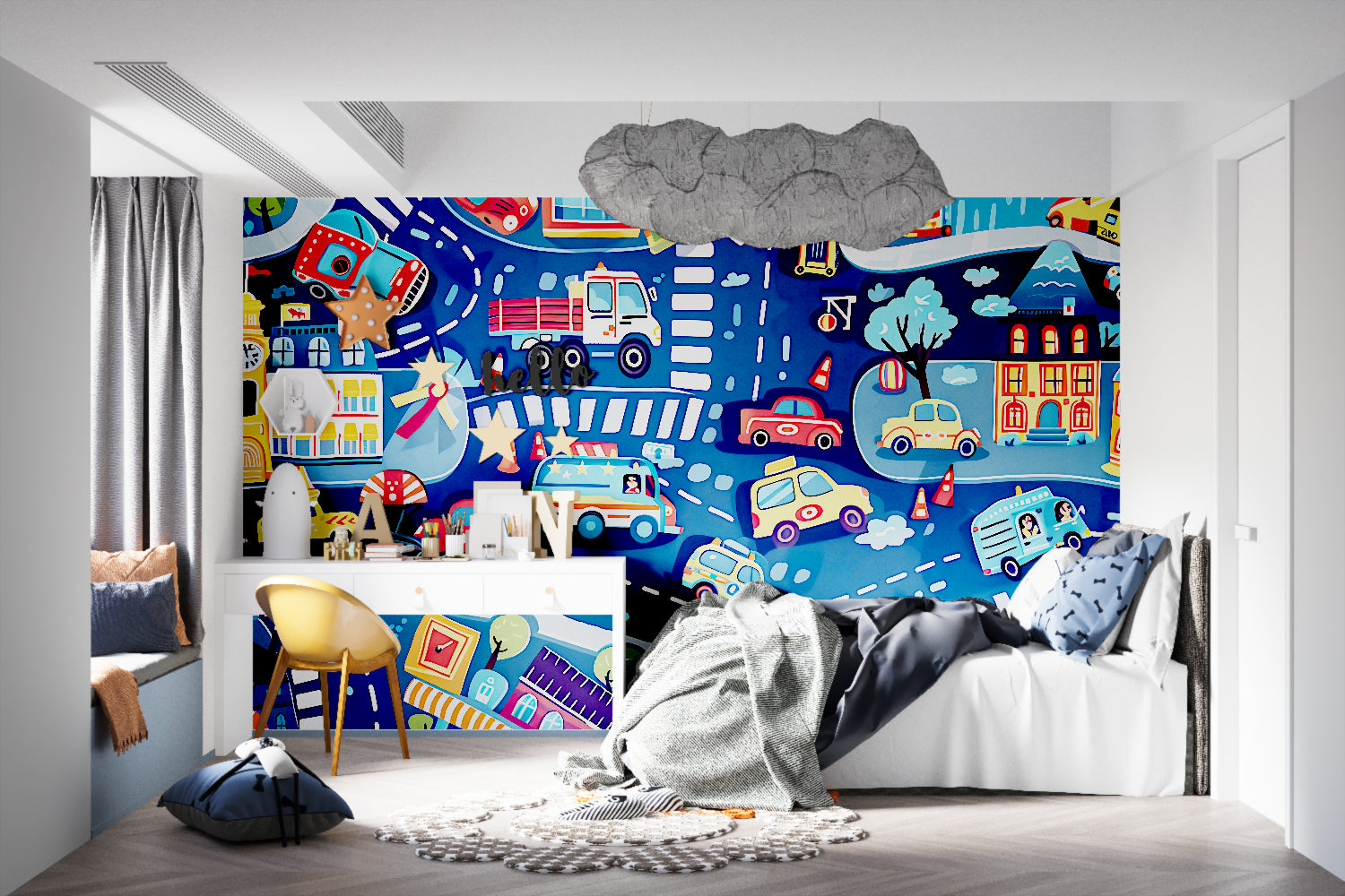 Car themed mural wallpaper displayed in a modern child's study area
