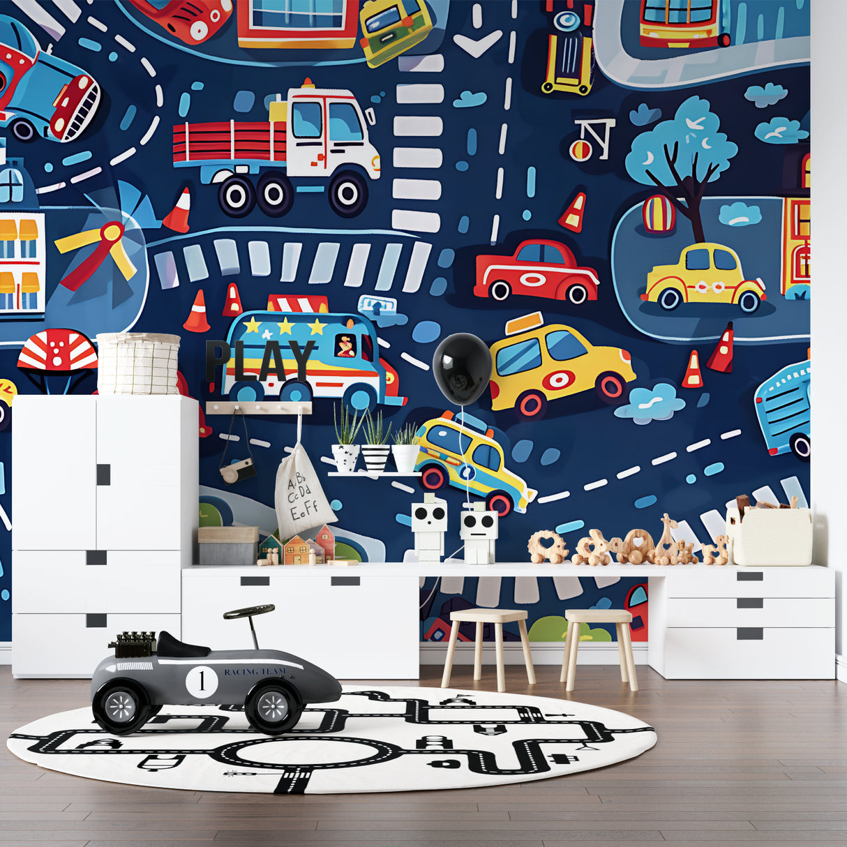 Kids car wallpaper bringing color to a minimalist nursery setting