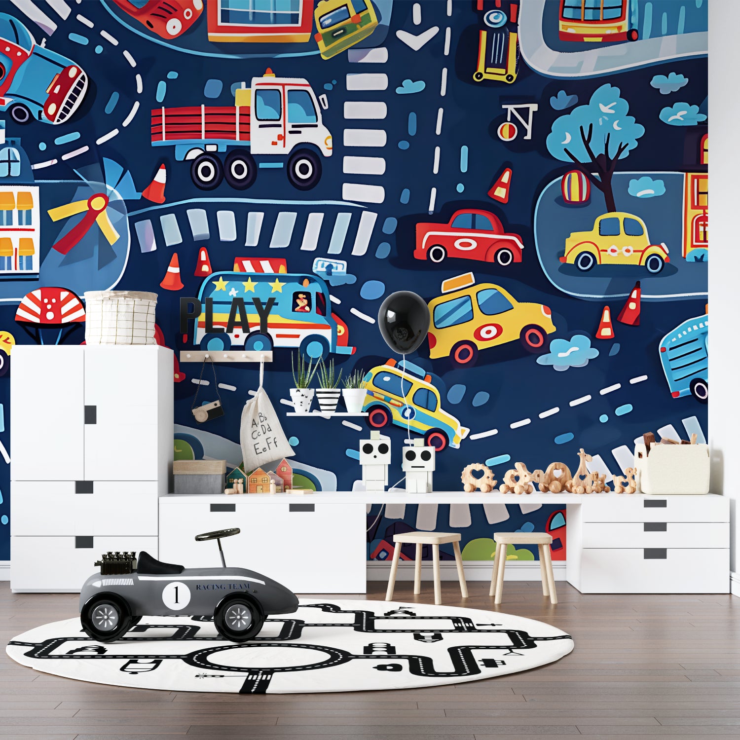 Kids car wallpaper bringing color to a minimalist nursery setting