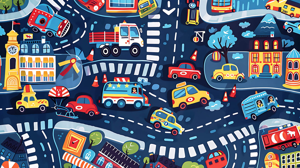 Design file showing detailed car and city pattern with vibrant colors and engaging road elements