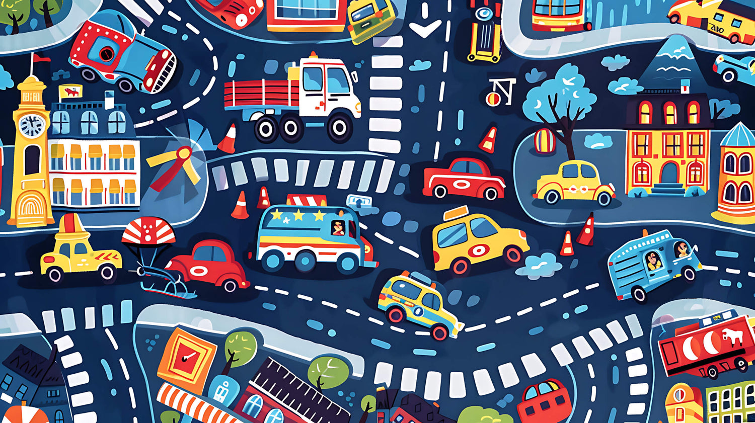Design file showing detailed car and city pattern with vibrant colors and engaging road elements