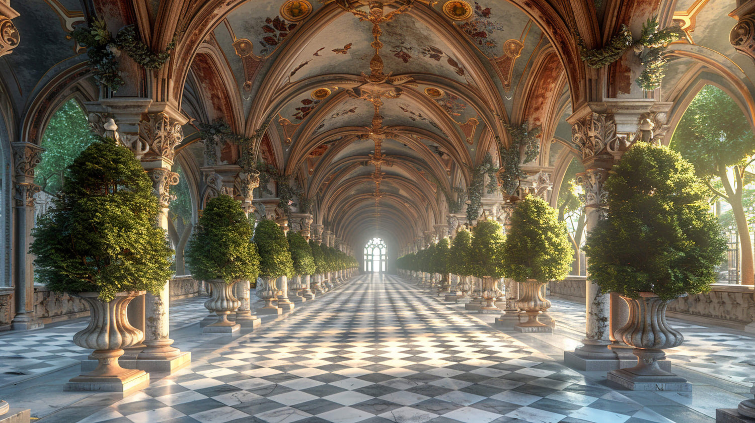 Design file of castle gallery wallpaper showing intricate architectural details and garden elements