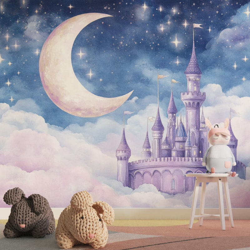 Castle Mural Wallpaper displayed in cozy nursery with soft lighting showing magical night scene
