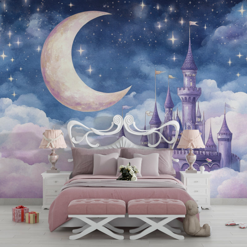 Enchanted castle wallpaper in girl's bedroom creating dreamy atmosphere