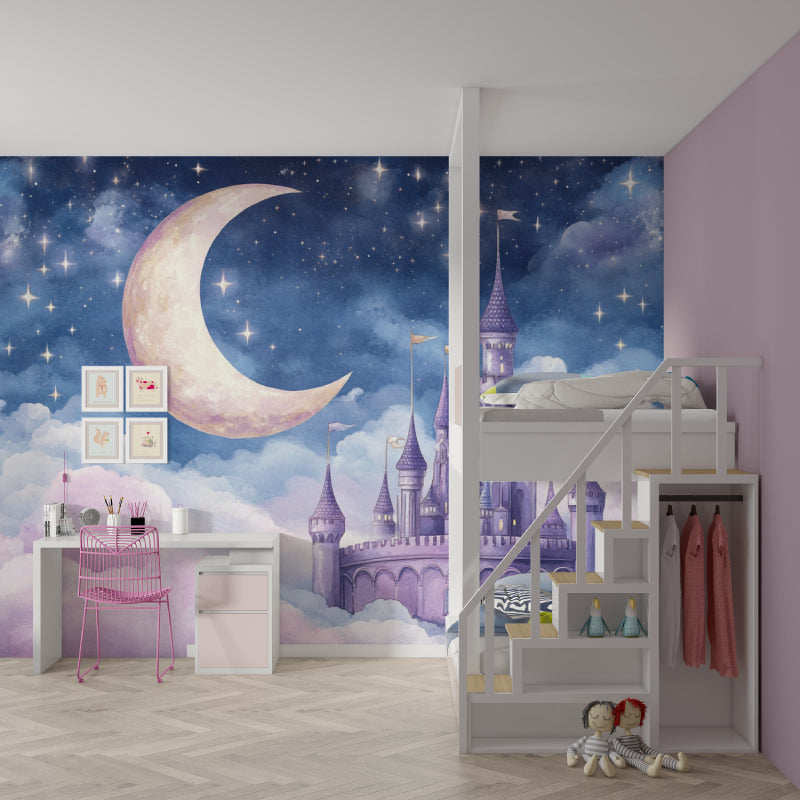 Night sky castle mural in reading nook with soft furnishings