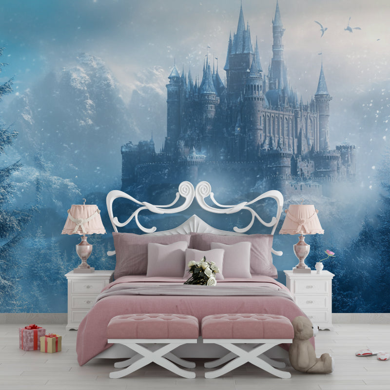 Castle Mural Wallpaper creating magic in a little girl's bedroom, soft winter colors complement pink accents