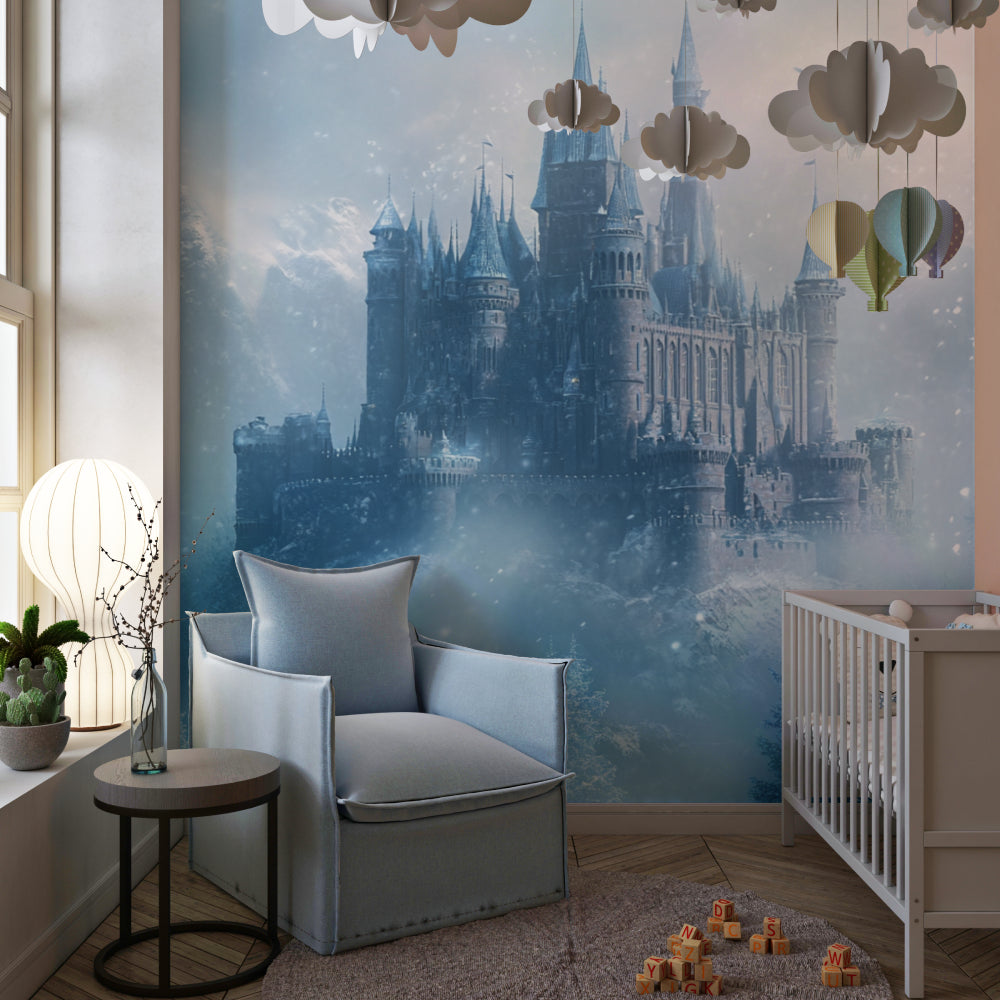 Magical Castle Wallpaper in a cozy reading nook with window seat and fairy lights