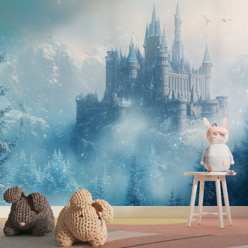 Winter Castle Mural bringing enchantment to a modern nursery with white furniture
