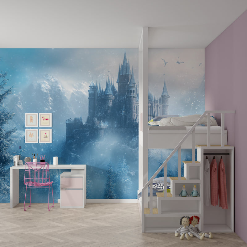 Fantasy Castle Wallpaper featured in a playroom with reading corner and soft cushions