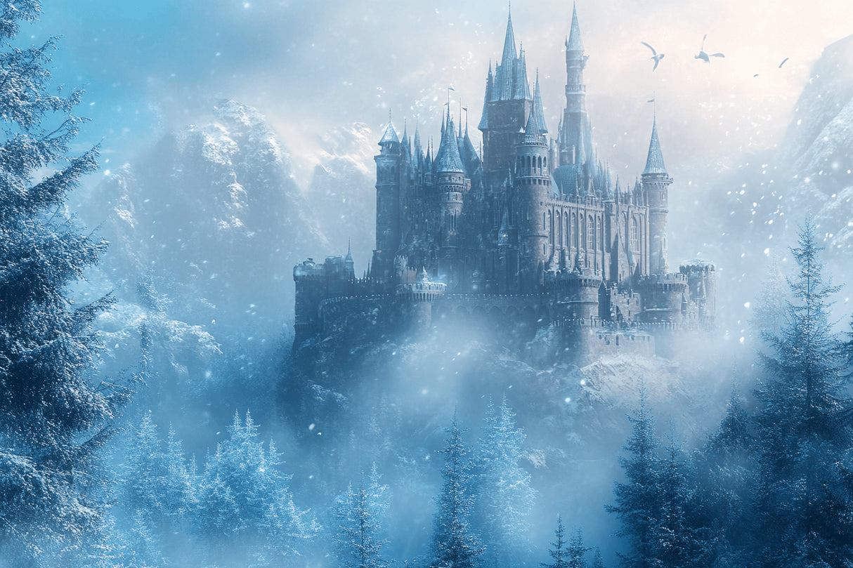 Castle Mural Wallpaper design file showing intricate winter castle details and misty background
