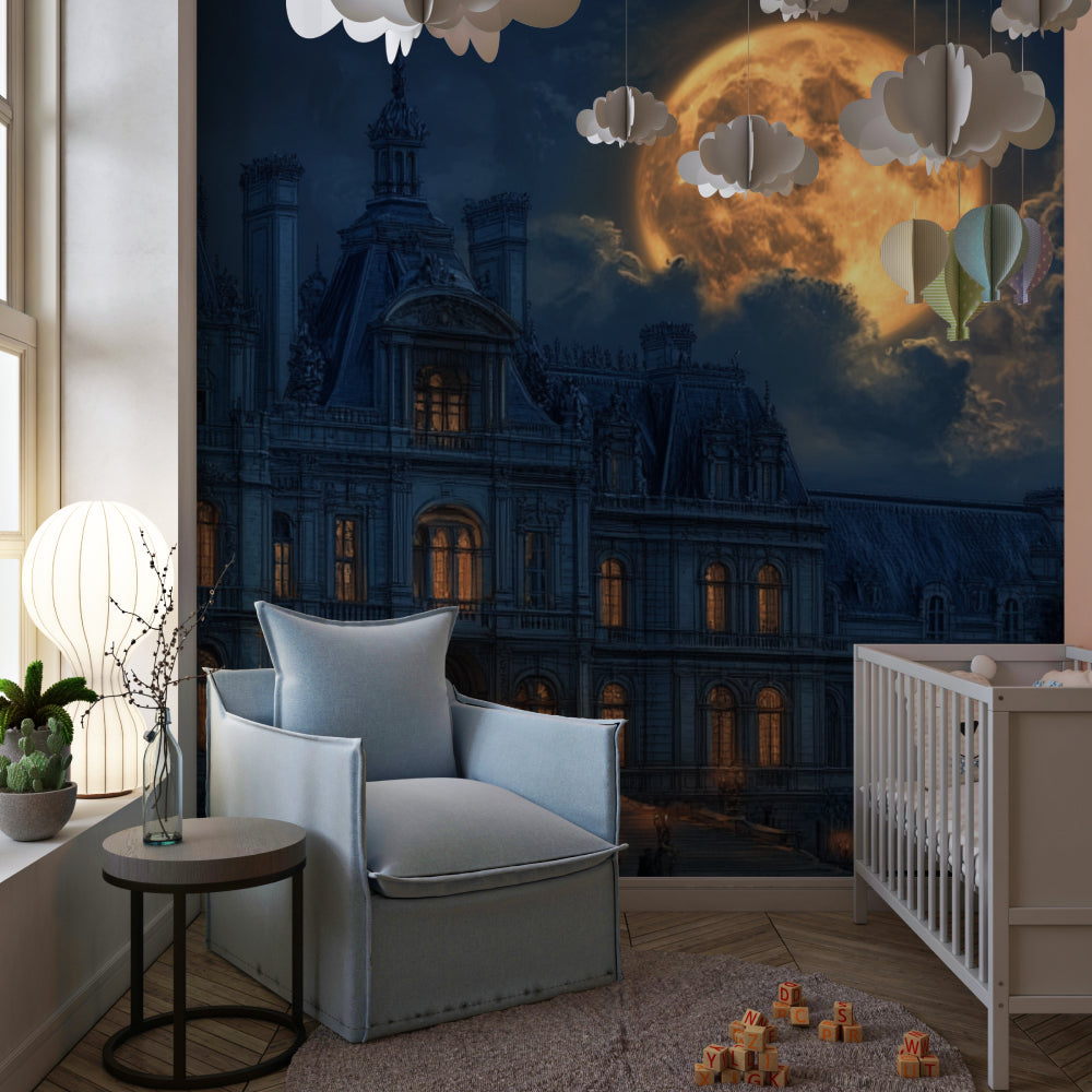 Magical castle mural in girl's bedroom with moonlit palace and glowing window details