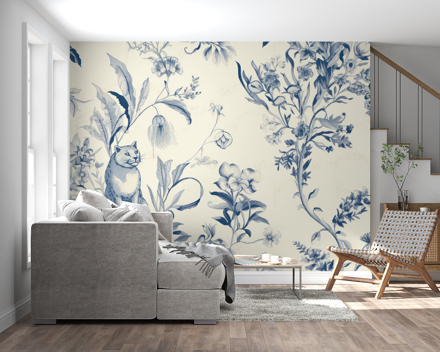 Blue floral cat wallpaper in modern living room, creating elegant atmosphere with botanical patterns
