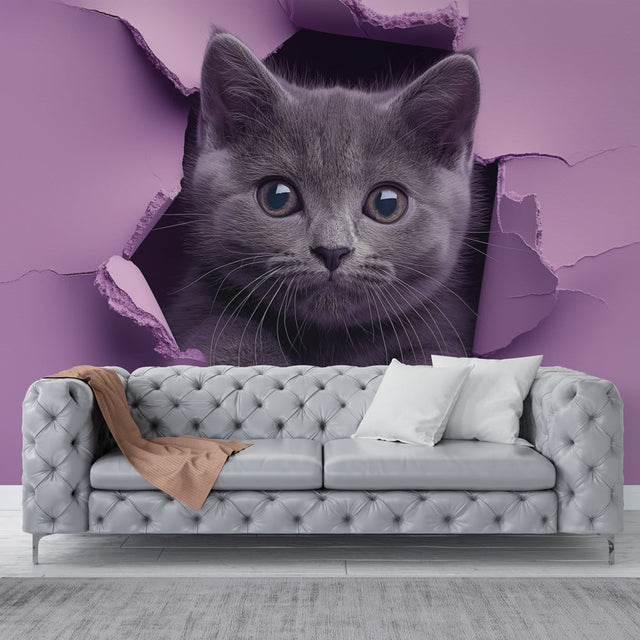 3D Cat Wallpaper creating a stunning optical illusion in a modern living room, grey kitten breaking through purple wall