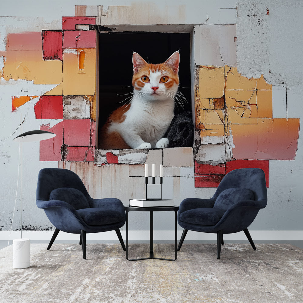Modern Cat Wallpaper displayed in a bright living room, showing abstract window frame design with warm coral and beige tones