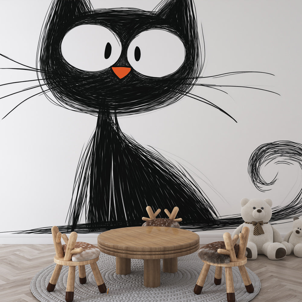 Black and white cat mural wallpaper bringing character to a modern living room with minimalist furniture