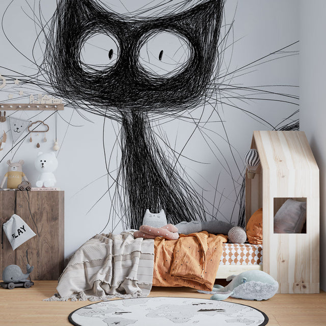 Black and white cat sketch mural wallpaper creating dramatic impact in a modern minimalist living room setting