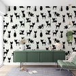 Modern Cat Pattern Wallpaper creating a striking feature wall in a minimalist living room with white furniture