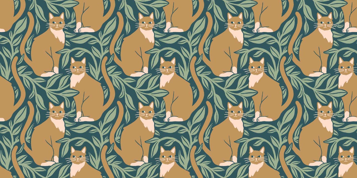 Green and gold cat pattern design file showing detailed botanical elements and feline motifs