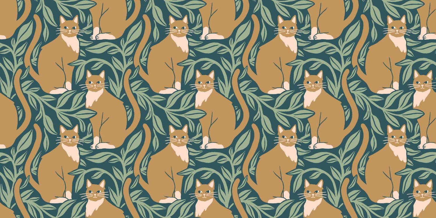 Green and gold cat pattern design file showing detailed botanical elements and feline motifs