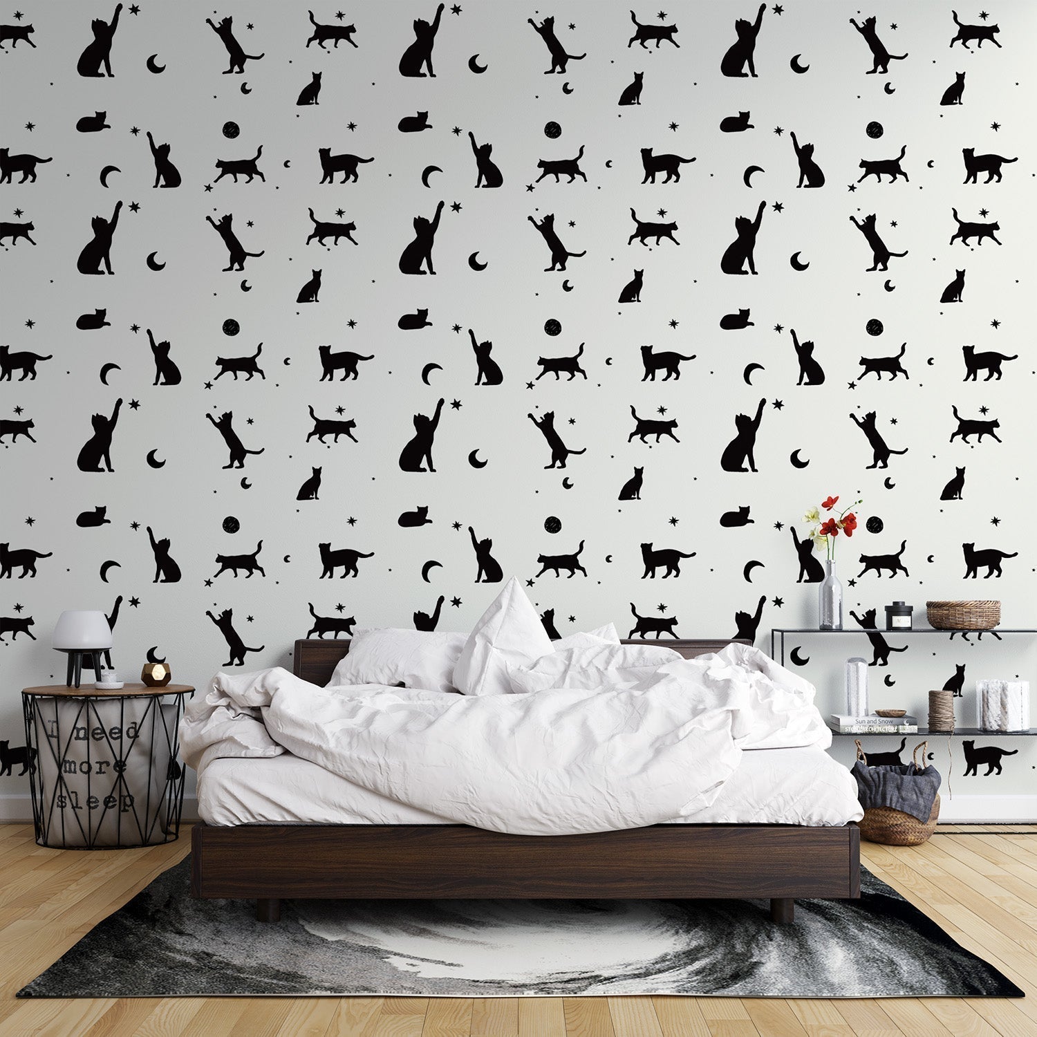 Modern living room with black cat silhouette wallpaper showing cats and moons pattern creating a cozy atmosphere