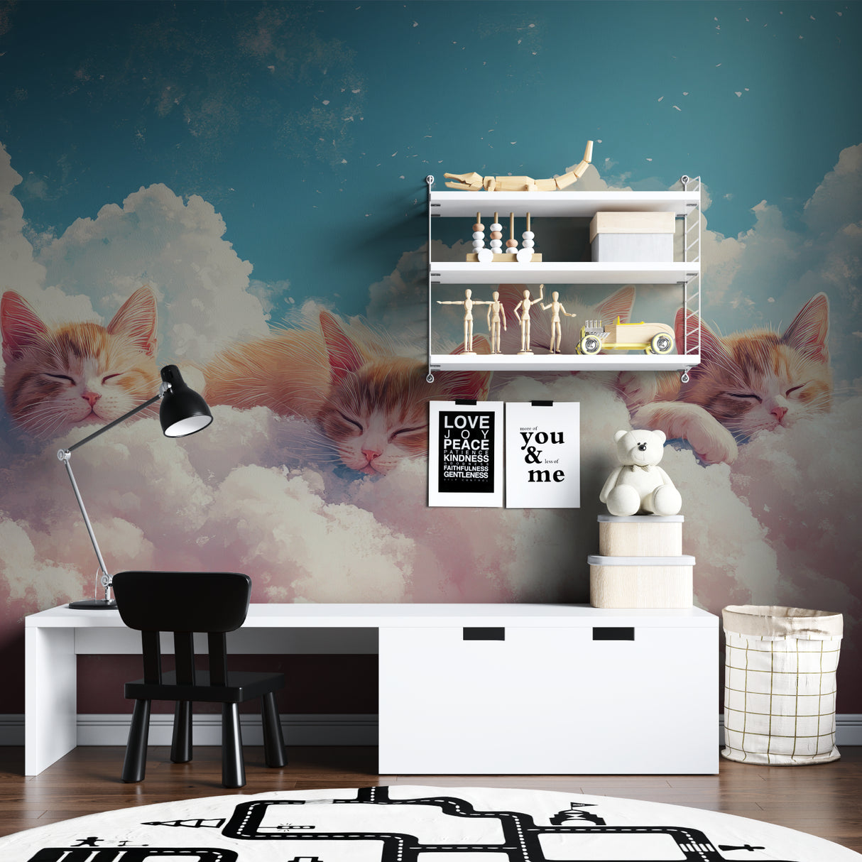 Playroom decorated with cat cloud wallpaper and pastel accents
