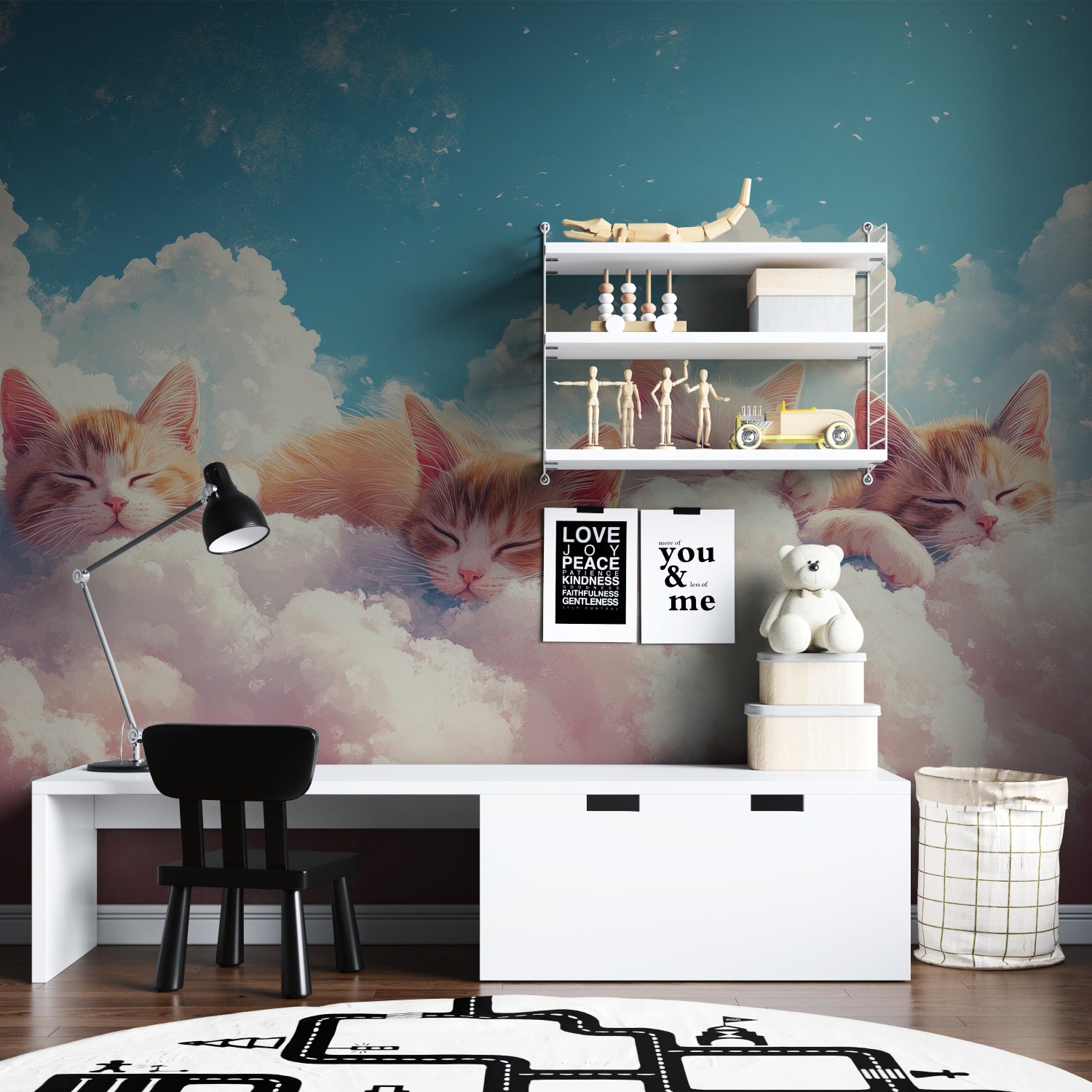 Playroom decorated with cat cloud wallpaper and pastel accents