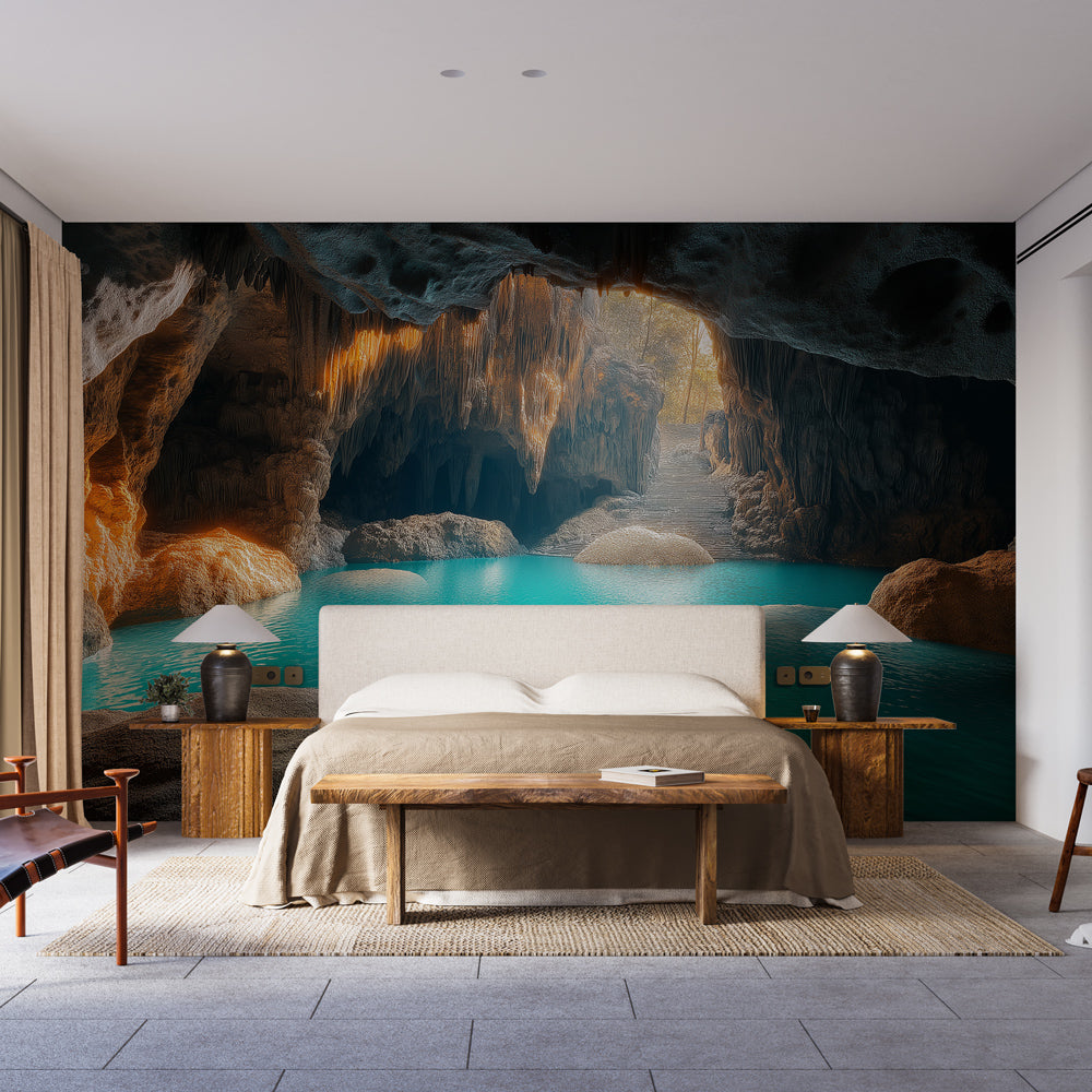 Cave wall mural with turquoise waters shown in a modern bathroom, creating a spa-like atmosphere with golden light reflections
