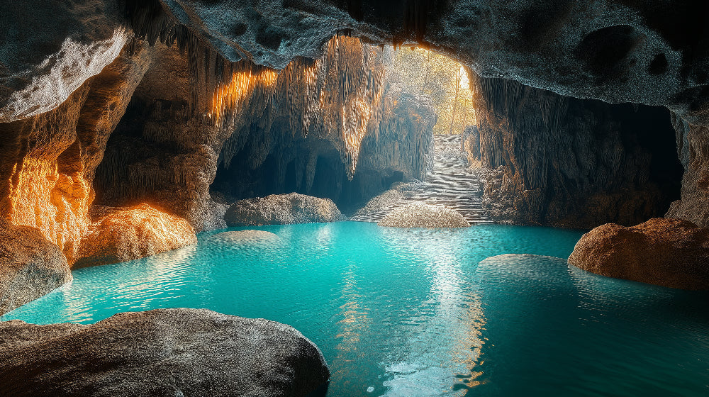 Underground lake cave wallpaper design file showing detailed turquoise waters and golden light beams