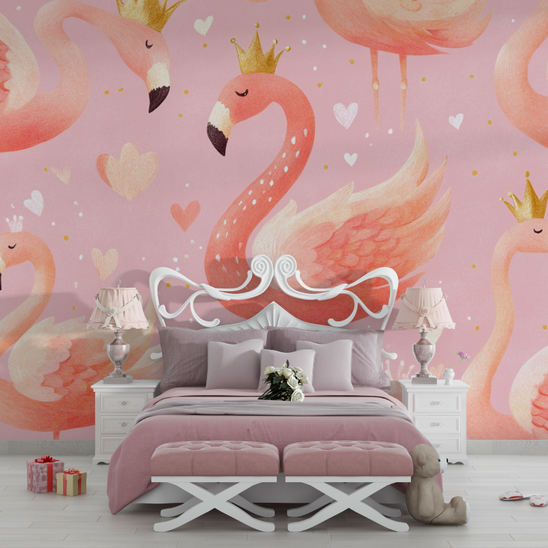 Princess Mural Wallpaper | Pink Flamingo with Gold Crowns