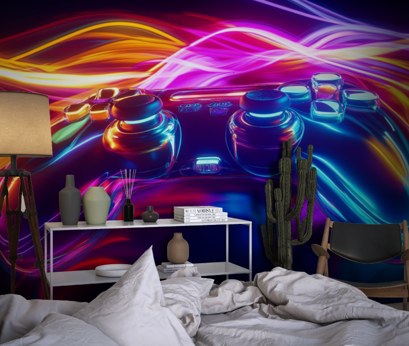 Gaming Mural Wallpaper | Neon Controller Light Explosion