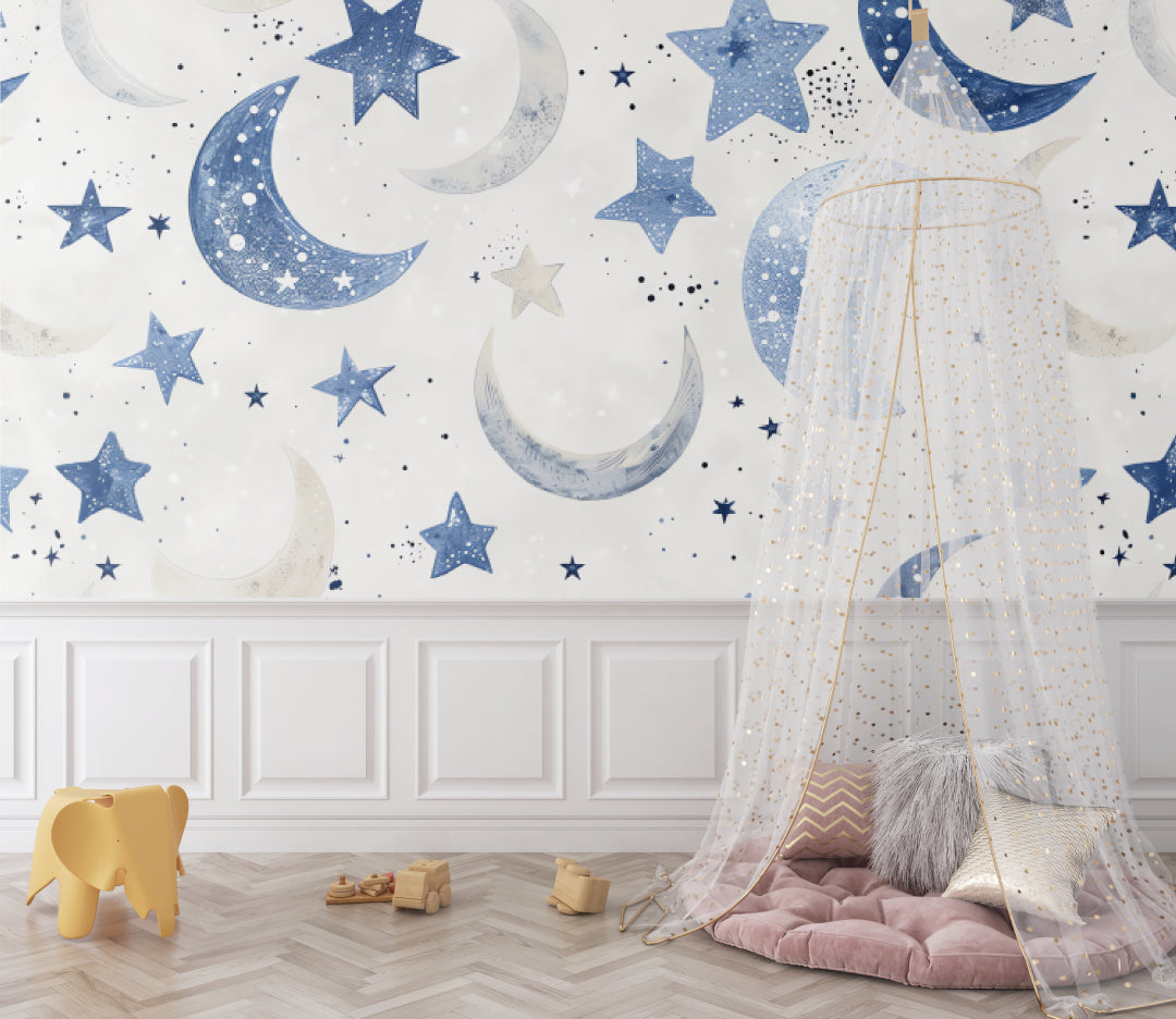Celestial wallpaper with blue moons and stars creating a magical atmosphere in a modern nursery