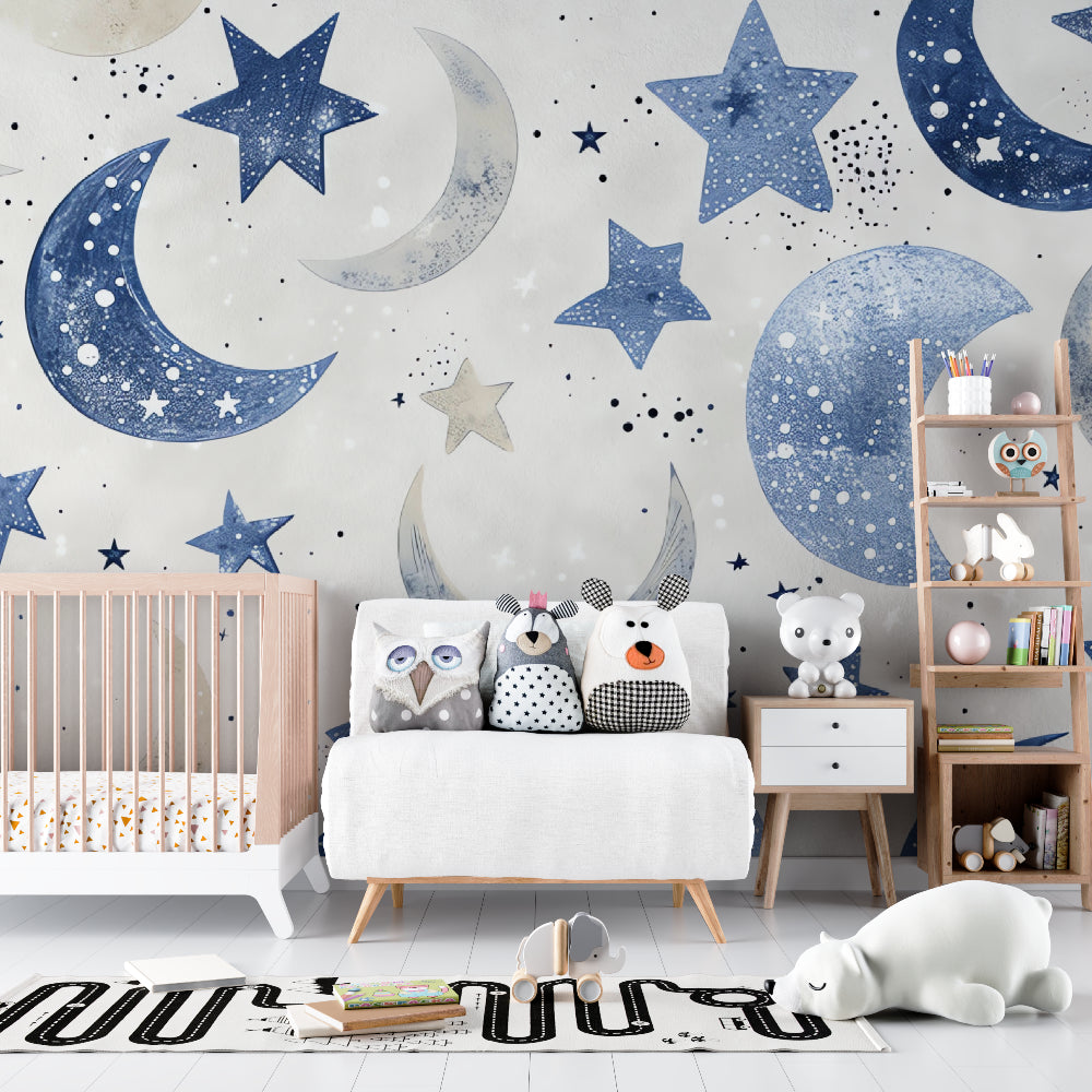 Moon and stars wallpaper bringing charm to a cozy children's bedroom