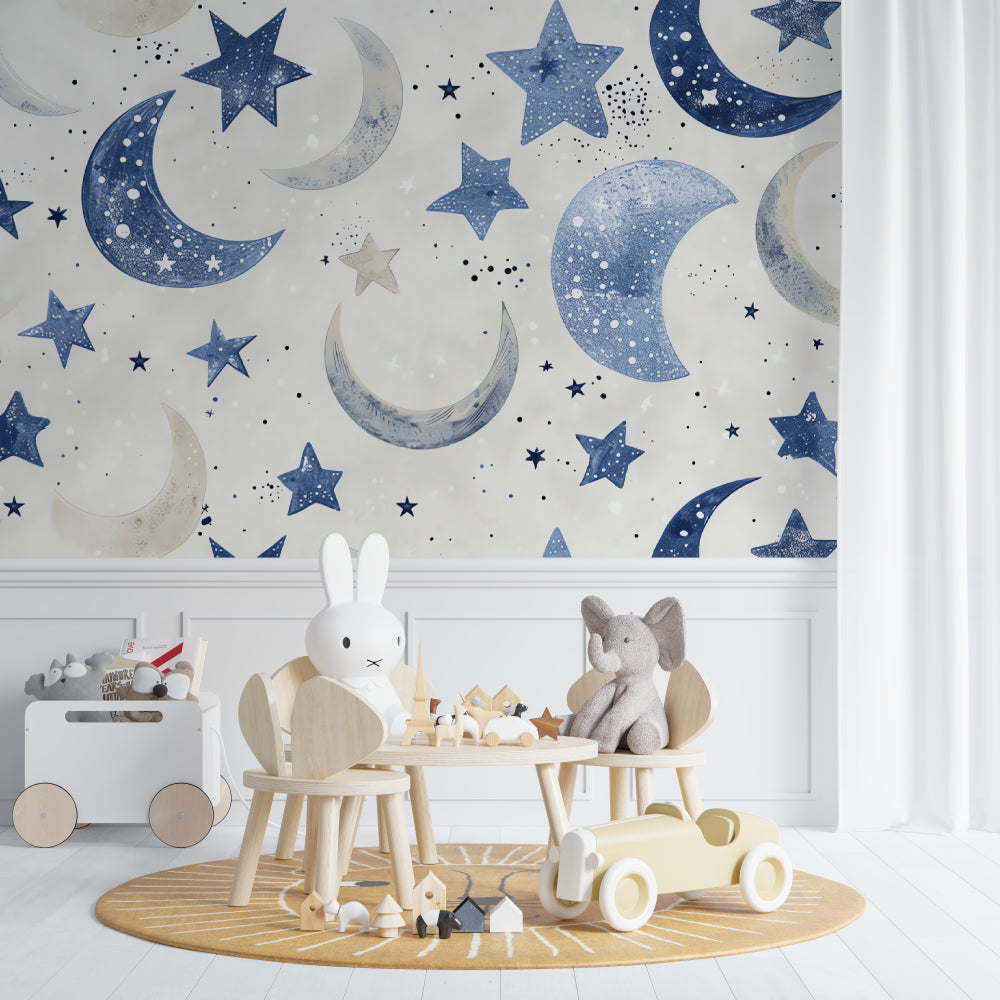 Blue celestial mural transforming a peaceful reading nook