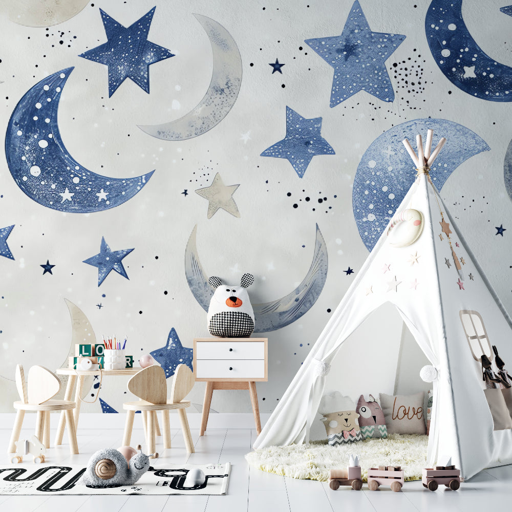 Night sky wallpaper adding wonder to a baby's nursery